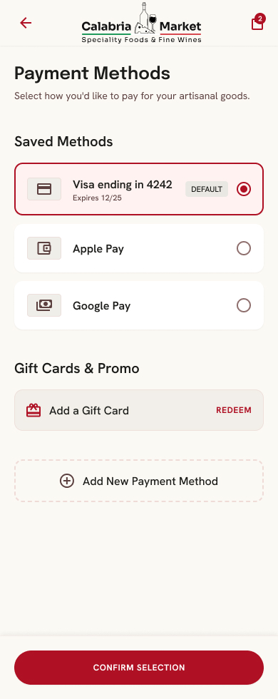Calabria Market payment methods screen